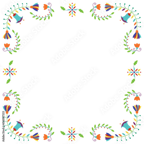 Folk embroidery frame. Design template for fiesta , wedding and birthday invitation card, greeting card, restaurant menu. Mexican Otomi Tenango embroidery style. Square floral border. Vector