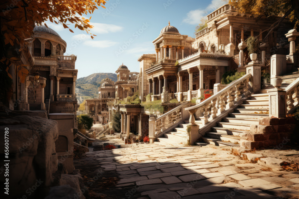Fototapeta premium The ancient city of Ephesus in Turkey, showcasing remarkably preserved Roman architecture. Concept of historical heritage in the Near East. Generative Ai.