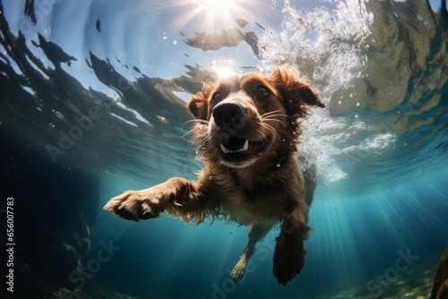 A happy Freediver Dog dives in clear water in summer enjoying a swim in the ocean Generative Ai
