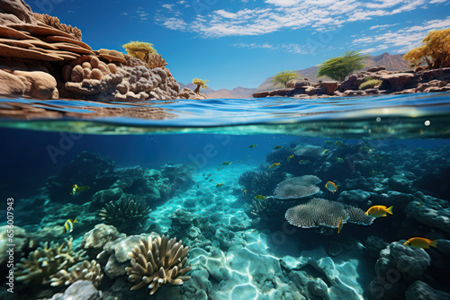 A panoramic view of the Red Sea, where vibrant coral reefs teem with marine life. Concept of marine biodiversity in the Near East. Generative Ai.