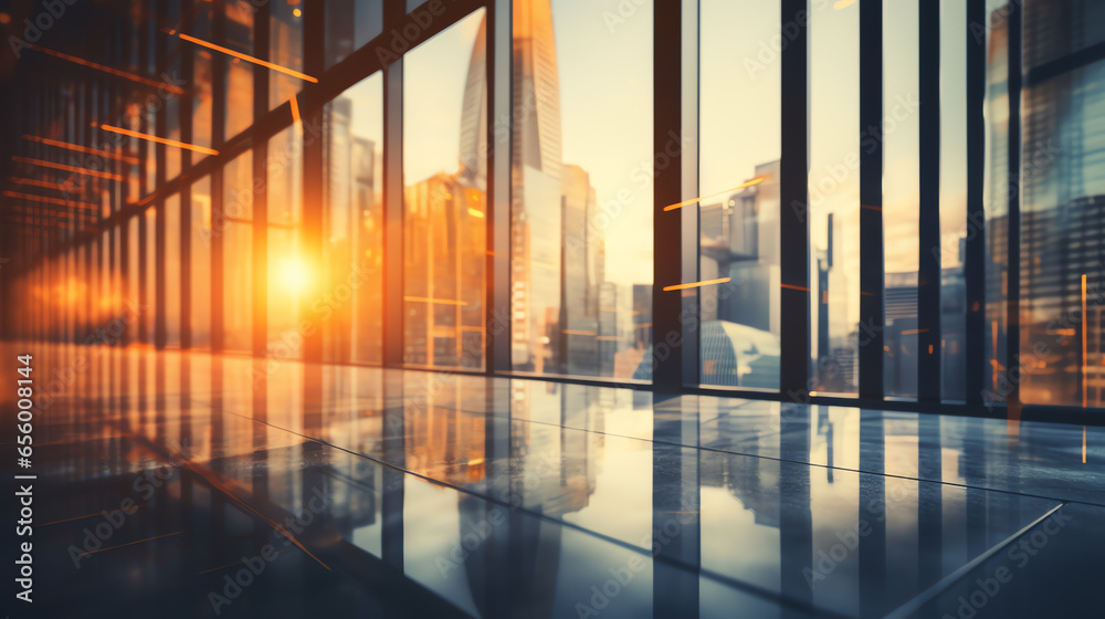 Modern office walls of business building with sunlight reflection on window glass