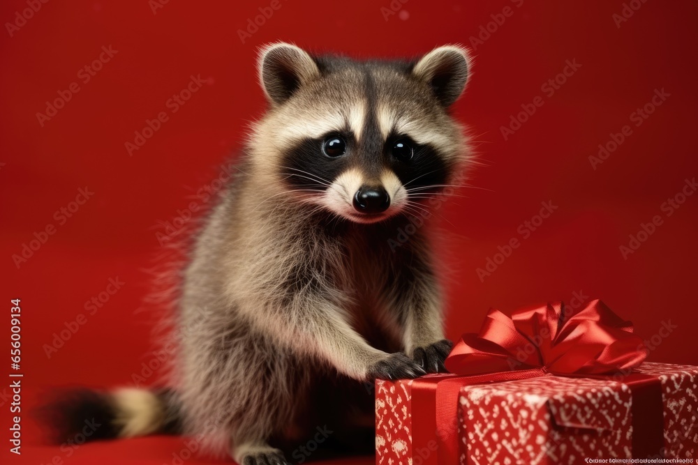 Obraz premium baby raccoon with christmas gift boxes on red background