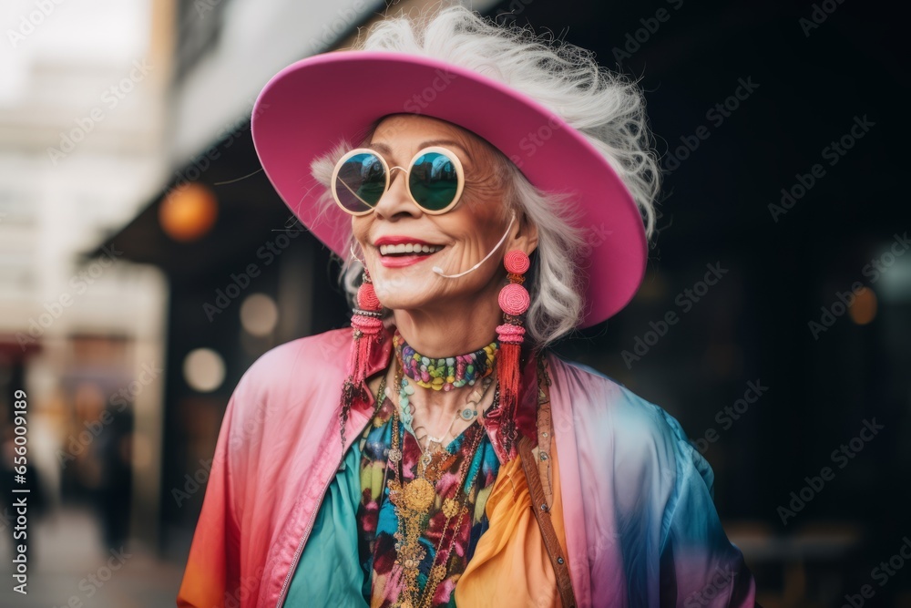 Portrait of smiling senior woman in hat and sunglasses walking in city