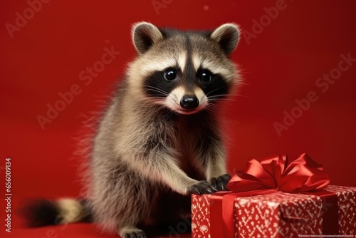 baby raccoon with christmas gift boxes on red background photo