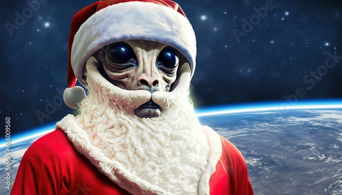 Funny alien dressed as Santa Claus with planet Earth in the background. Merry Christmas and Happy New Year. Illustration from generative AI © juanorihuela