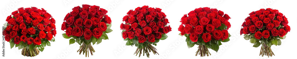 Large flower arrangement or bouquet with many red roses isolated on transparent background generative ai - obrazy, fototapety, plakaty 