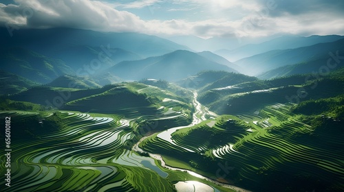 Aerial capture of terraced rice paddies in Southeast Asia, glimmering in emerald tones. a beautiful and marvelous surreal landscape of nature. generative AI