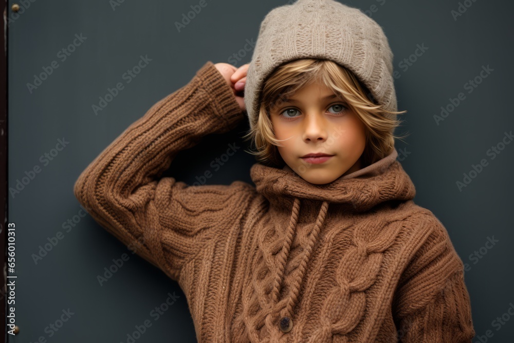 Portrait of a cute little boy in a warm knitted sweater and hat. Portrait of a cute little boy in a warm knitted sweater and hat.