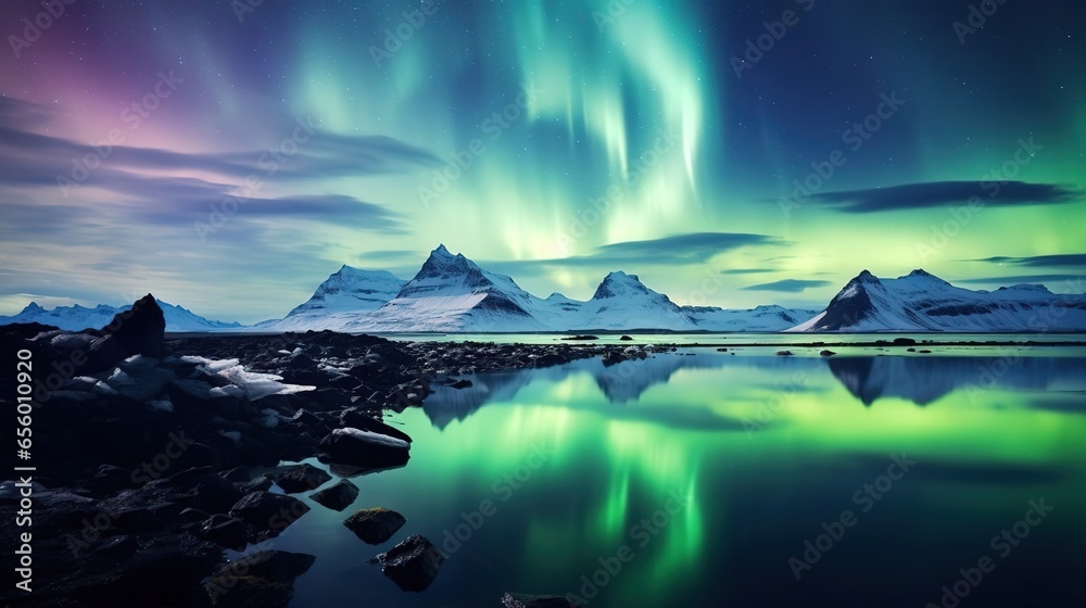 Beautiful northern lights dance brightly over the mountains, created with Generative Ai technology.