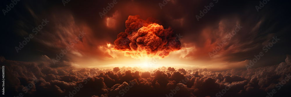 Nuclear bomb explosion in cosmos space. Concept of world nuclear war threatening end of civilization