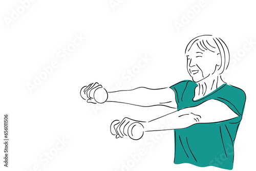 Hand drawn line art vector of an elderly woman living a healthy lifestyle and working out.
