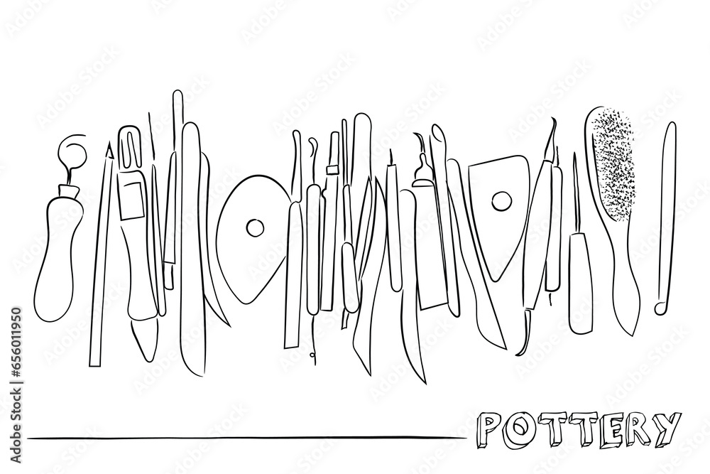 Hand drawn line art vector of Pottery class tutorial. Pottery tools line art Hand drawn line art vector of Pottery class tutorial. Pottery tools line art