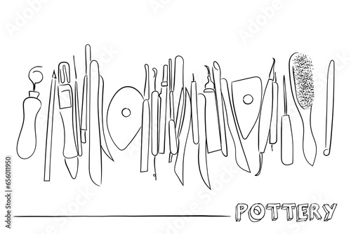 Hand drawn line art vector of Pottery class tutorial. Pottery tools line art