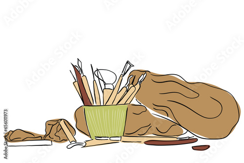 Hand drawn line art vector of Pottery class tutorial. Pottery tools illustration