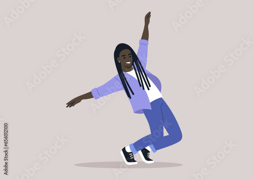 A young Gen Z individual, dressed casually, performing contemporary dance with an overwhelming sense of joy and fulfillment