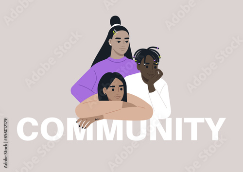A vibrant and diverse community of stylish teenagers joyfully gathered together, celebrating their differences and unity in style and friendship