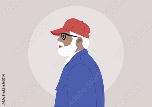 An elderly man with a white beard donning massive frame glasses and a red cap