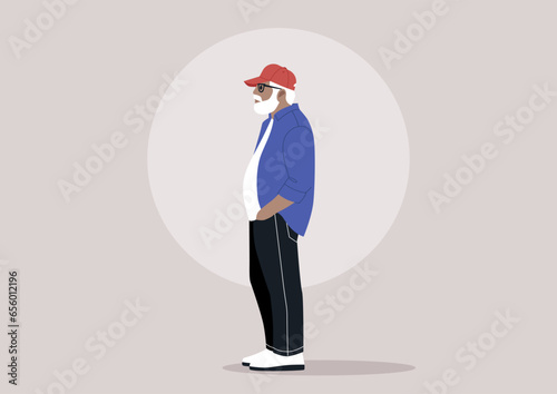 An elderly man with a white beard donning massive frame glasses and a red cap