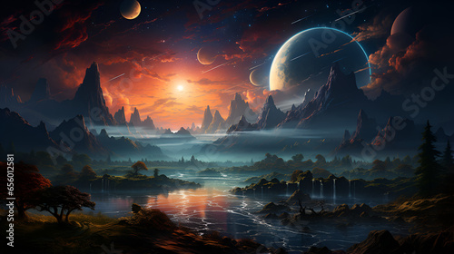 Sunrise over the valley in space, in the style of romantic riverscapes photo