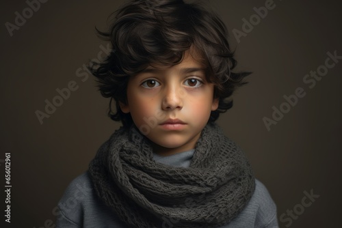Portrait of a boy with curly hair and a gray scarf.