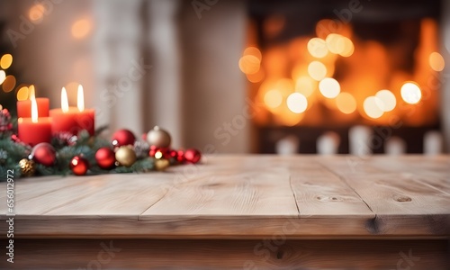 Christmas table with blurred fireplace backdrop