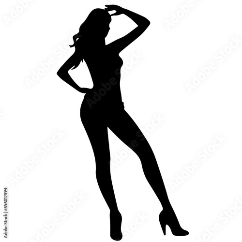 Vector silhouette of a slim young woman standing, black color, isolated on white background