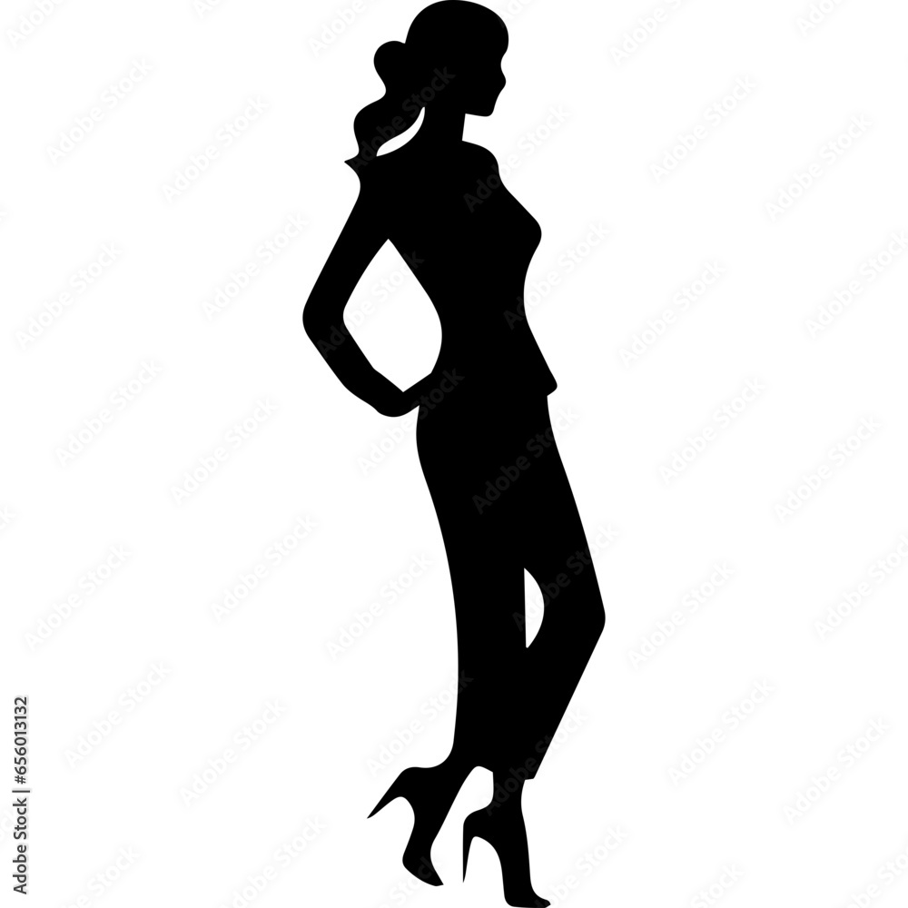 Vector silhouette of a slim young woman standing, black color, isolated on white background