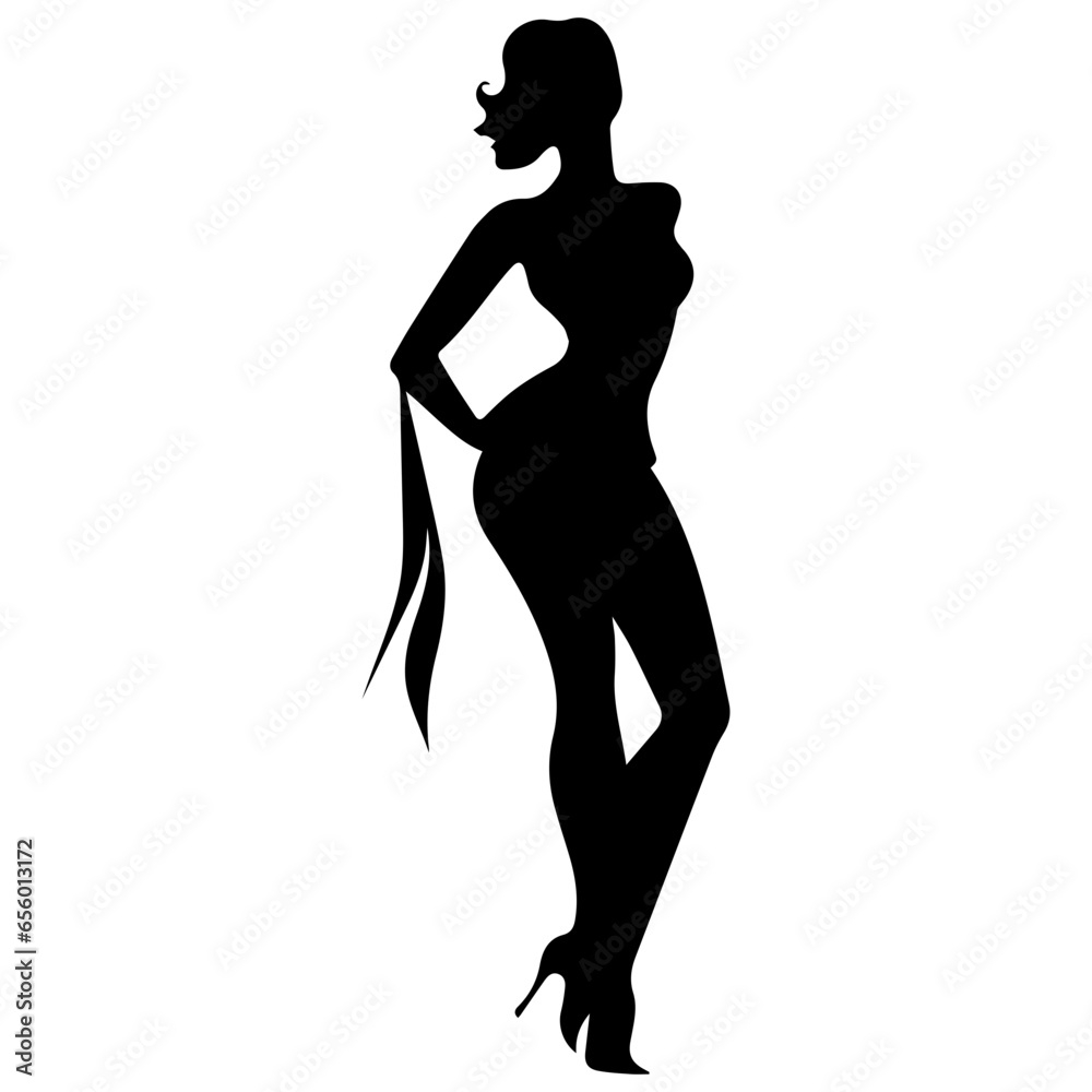 Vector silhouette of a slim young woman standing, black color, isolated on white background