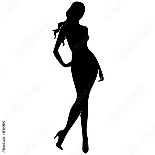 Vector silhouette of a slim young woman standing, black color, isolated on white background
