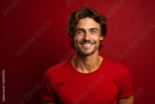 Smiling man on red background with a red shirt, ai generated © Sandu