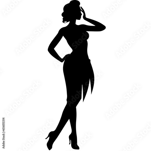 Vector silhouette of a slim young woman standing, black color, isolated on white background