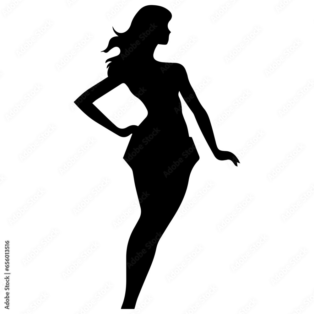 Vector silhouette of a slim young woman standing, black color, isolated on white background