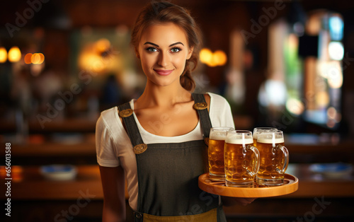 Beautiful German waitress with beer on Oktoberfest