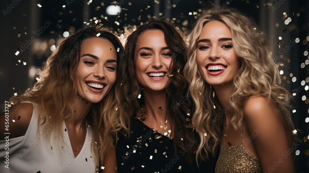 Three modern Latin women celebrating Christmas with sparkling confetti
