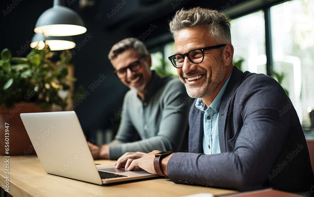 A man and a woman are smiling and talking on their laptops in an office A man and a woman are smiling and talking on their laptops in an office