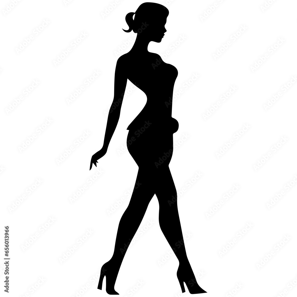 Vector silhouette of a slim young woman standing, black color, isolated on white background