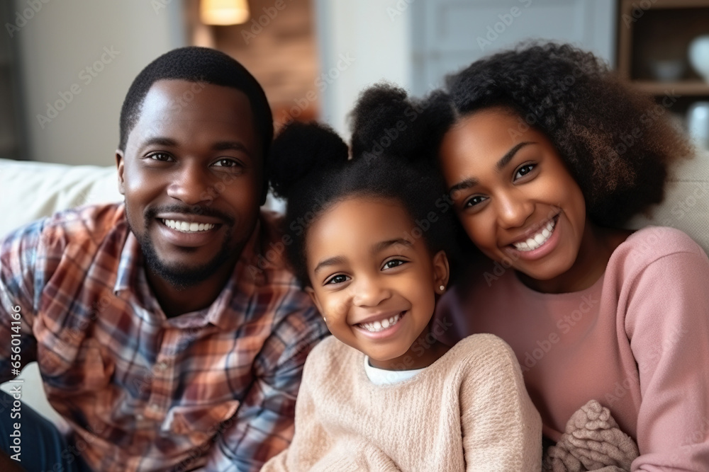 Obraz premium Happy African American family spending time together siting on the sofa