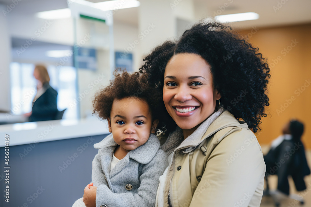 Obraz premium Happy African American mother and daughter sitting in waiting room at hospital