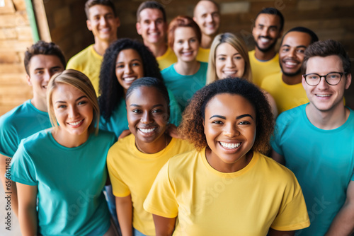 Group of smiling diverse female and male volunteers in matching t-shirts looking at camera