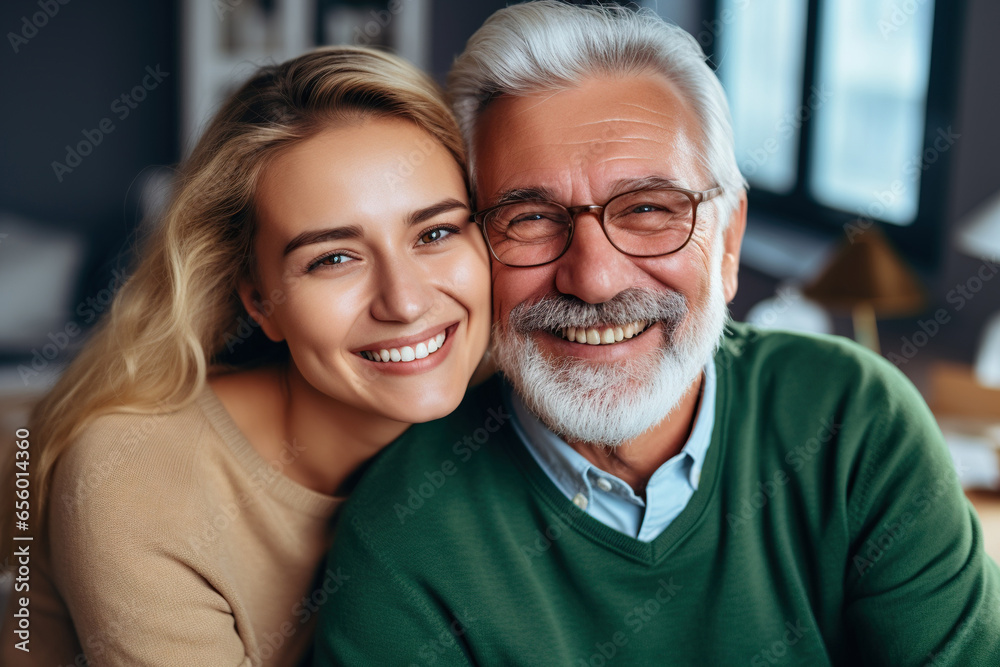Head shot portrait smiling older father and grownup daughter looking at camera, sitting on cozy couch at home Head shot portrait smiling older father and grownup daughter looking at camera, sitting on cozy couch at home