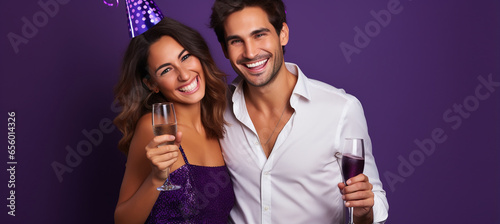 Happy Young Couple Celebrating New Years Eve with Champagne on a purple Background with Space for Copy