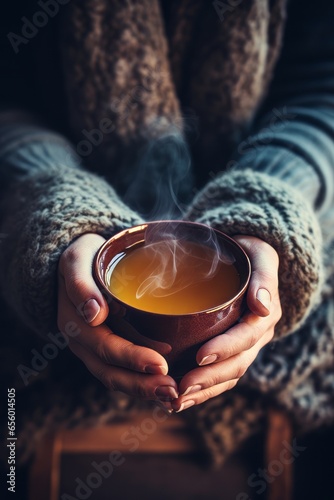 The hands of a woman in a wool sweater holding a hot cup of tea Generative Ai photo