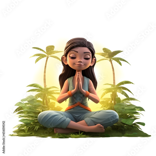 Cartoon 3d girl yoga in jungle isolated on white