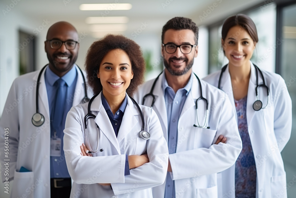 Portrait of group of diverse male and female doctors standing in hospital corridor smiling to camera Portrait of group of diverse male and female doctors standing in hospital corridor smiling to camera