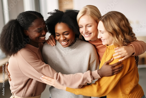 Supportive diverse female friends hugging each other at group therapy session