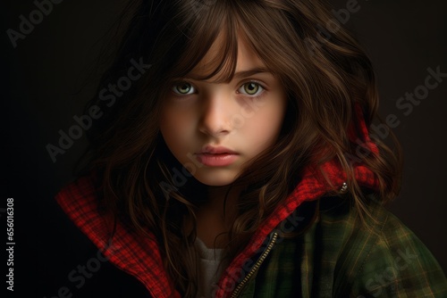 Portrait of a beautiful girl with green eyes in a plaid jacket.