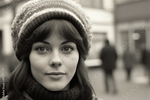 Retro vintage front shot , beautiful young woman, wool cap, brown eyes, European street in background	
