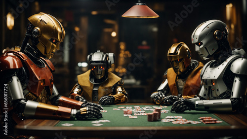Robots playing card games. Unemployed robots in the future world.