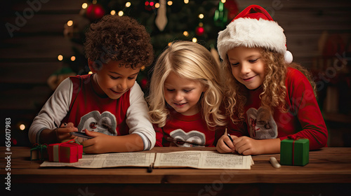 kids in christmas sweaters writing a letter to Santa Claus