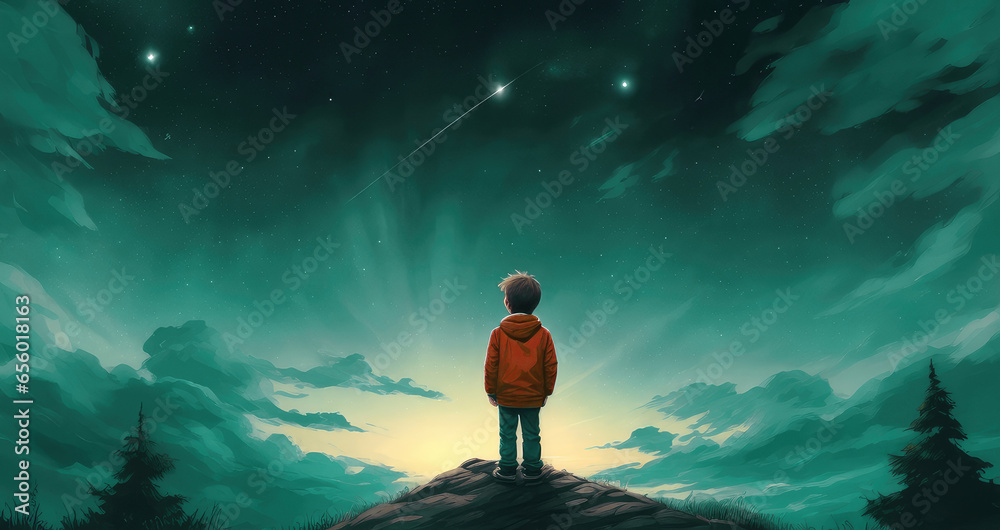 An illustration of a lonely boy with a red jacket dreaming while looking at a greenish and starry sky at night. Copy space for text, advertising, message, logo - obrazy, fototapety, plakaty 